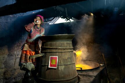 Woman in traditional ethnic attire cooking food in a rural setting with a large cauldron.