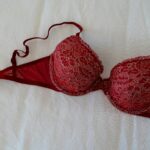 A stylish burgundy lace bra elegantly displayed on a white fabric background, offering a sense of luxury and intimacy.
