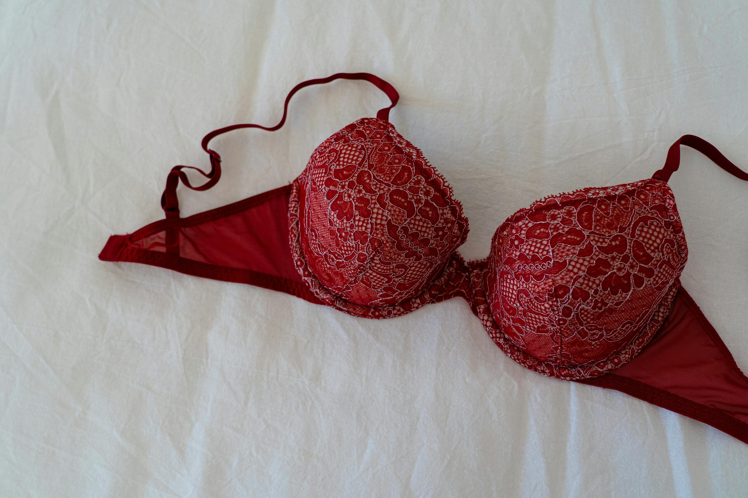A stylish burgundy lace bra elegantly displayed on a white fabric background, offering a sense of luxury and intimacy.
